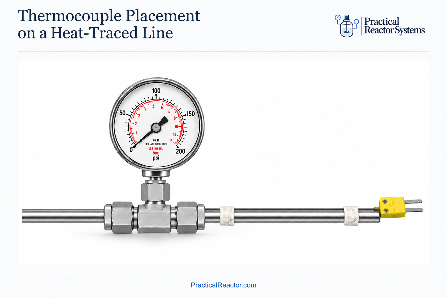 Branded illustration of a thermocouple secured to a stainless-steel line beside a pressure gauge.
