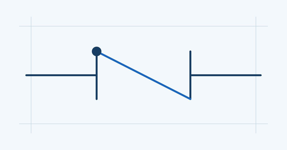 Check-valve symbol with navy horizontal piping and upright ends, a solid upper-left pivot, and a blue diagonal descending to the lower-right end.